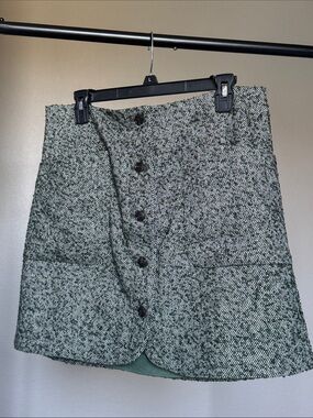 Madewell Wool- Green and White Tweed Button-Front Mini Skirt